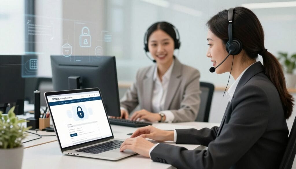 A professional customer support agent in a sleek, modern office setting, wearing business attire, is engaged in a conversation with a client over a computer. The foreground features a laptop displaying a WHOIS privacy protection webpage, with visual cues like locked padlocks symbolizing security. In the middle ground, a customer support representative with a friendly smile is seated at a stylish desk, showcasing high-tech equipment. The background is softly blurred to emphasize the agent and client interaction while depicting faint outlines of domain name websites and digital security icons. The lighting is bright and warm, creating a welcoming atmosphere that conveys trust and reliability, conveying a sense of professionalism and support in the realm of domain privacy protection. A professional customer support agent in a sleek, modern office setting, wearing business attire, is engaged in a conversation with a client over a computer. The foreground features a laptop displaying a WHOIS privacy protection webpage, with visual cues like locked padlocks symbolizing security. In the middle ground, a customer support representative with a friendly smile is seated at a stylish desk, showcasing high-tech equipment. The background is softly blurred to emphasize the agent and client interaction while depicting faint outlines of domain name websites and digital security icons. The lighting is bright and warm, creating a welcoming atmosphere that conveys trust and reliability, conveying a sense of professionalism and support in the realm of domain privacy protection.