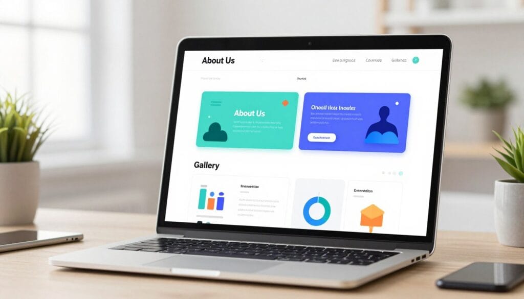 A professional digital illustration showing a clean, modern user interface of a website builder on a laptop screen, featuring various pre-made section blocks like "About Us" and "Gallery," bright workspace lighting, minimalist aesthetic. A professional digital illustration showing a clean, modern user interface of a website builder on a laptop screen, featuring various pre-made section blocks like "About Us" and "Gallery," bright workspace lighting, minimalist aesthetic.