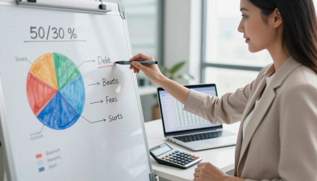 A professional, modern office environment with a whiteboard in the foreground showcasing a colorful pie chart illustrating the 50/30 rule percentages. A well-dressed businesswoman, depicted from the waist up, is actively adjusting markers on the chart, reflecting deep focus. In the middle ground, a laptop displays a spreadsheet with dynamic financial data, while a sleek calculator rests nearby. In the background, large windows let in bright, natural light, contributing to a positive and motivating atmosphere. The composition conveys a sense of empowerment and the thoughtful adjustment of budget percentages, emphasizing the balance between debt and life costs. Use soft, inviting lighting to enhance the professional yet approachable mood of the scene. A professional, modern office environment with a whiteboard in the foreground showcasing a colorful pie chart illustrating the 50/30 rule percentages. A well-dressed businesswoman, depicted from the waist up, is actively adjusting markers on the chart, reflecting deep focus. In the middle ground, a laptop displays a spreadsheet with dynamic financial data, while a sleek calculator rests nearby. In the background, large windows let in bright, natural light, contributing to a positive and motivating atmosphere. The composition conveys a sense of empowerment and the thoughtful adjustment of budget percentages, emphasizing the balance between debt and life costs. Use soft, inviting lighting to enhance the professional yet approachable mood of the scene.