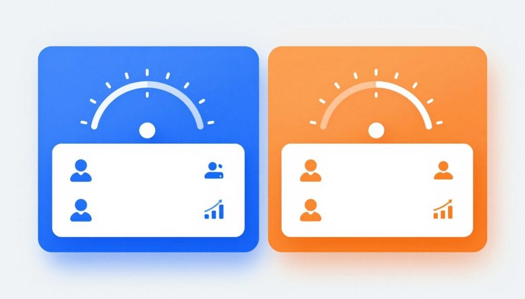 A professional split-screen graphic showing a blue hosting interface and an orange hosting interface side-by-side with speed gauges and customer support icons, clean and modern style.