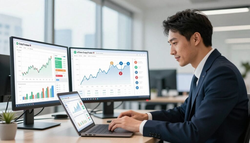 A professional trader analyzing copy trading data on a laptop, surrounded by visualizations of stock trends and performance metrics. In the foreground, a well-dressed individual in business attire, with a focused expression, reviews trading statistics. The middle ground features graphs and charts showcasing positive returns, interconnected with symbols representing top traders. The background displays a bright, modern office environment, with large windows letting in natural light and a city skyline visible outside. The overall mood is optimistic and progressive, highlighting the advantages of eToro's CopyTrader in the US market. Use soft lighting to create a professional atmosphere, with a slight depth of field to emphasize the trader's concentration and the analytical tools on the screen. A professional trader analyzing copy trading data on a laptop, surrounded by visualizations of stock trends and performance metrics. In the foreground, a well-dressed individual in business attire, with a focused expression, reviews trading statistics. The middle ground features graphs and charts showcasing positive returns, interconnected with symbols representing top traders. The background displays a bright, modern office environment, with large windows letting in natural light and a city skyline visible outside. The overall mood is optimistic and progressive, highlighting the advantages of eToro's CopyTrader in the US market. Use soft lighting to create a professional atmosphere, with a slight depth of field to emphasize the trader's concentration and the analytical tools on the screen.