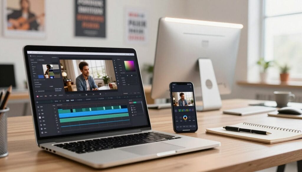 A professional, visually appealing image showcasing a step-by-step workflow of CapCut’s video editing tools. In the foreground, a sleek laptop with CapCut's interface open, displaying various editing features like timeline editing and effects panels. Beside it, a smartphone shows a sample video in the editing stage. In the middle ground, a desktop environment with bright LED lights, and a comfortable workspace featuring stationery, such as a notepad and pen. The background consists of a clean, modern office with motivational posters on the walls and a window letting in natural light, creating an inviting atmosphere. The image should have a polished, professional look with warm tones, evoking a sense of creativity and productivity. Capture the action and efficiency of video editing without any text overlays or distractions. A professional, visually appealing image showcasing a step-by-step workflow of CapCut’s video editing tools. In the foreground, a sleek laptop with CapCut's interface open, displaying various editing features like timeline editing and effects panels. Beside it, a smartphone shows a sample video in the editing stage. In the middle ground, a desktop environment with bright LED lights, and a comfortable workspace featuring stationery, such as a notepad and pen. The background consists of a clean, modern office with motivational posters on the walls and a window letting in natural light, creating an inviting atmosphere. The image should have a polished, professional look with warm tones, evoking a sense of creativity and productivity. Capture the action and efficiency of video editing without any text overlays or distractions.