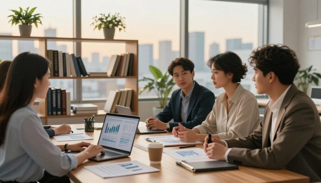A serene and sophisticated office environment in 2026, featuring a modern wooden desk with a laptop displaying financial graphs. In the foreground, a diverse group of professionals—comprised of men and women in smart casual attire—discuss investment strategies around a table filled with charts, documents, and financial tools. The middle ground showcases an elegant bookshelf lined with finance books and potted plants, adding a touch of greenery. In the background, a large window reveals a city skyline bathed in warm, golden daylight, reflecting optimism and opportunity. The mood is focused yet collaborative, emphasizing innovation and long-term wealth-building in personal finance. The scene is captured with a soft-focus lens, enhancing the inviting atmosphere without distractions. A serene and sophisticated office environment in 2026, featuring a modern wooden desk with a laptop displaying financial graphs. In the foreground, a diverse group of professionals—comprised of men and women in smart casual attire—discuss investment strategies around a table filled with charts, documents, and financial tools. The middle ground showcases an elegant bookshelf lined with finance books and potted plants, adding a touch of greenery. In the background, a large window reveals a city skyline bathed in warm, golden daylight, reflecting optimism and opportunity. The mood is focused yet collaborative, emphasizing innovation and long-term wealth-building in personal finance. The scene is captured with a soft-focus lens, enhancing the inviting atmosphere without distractions.