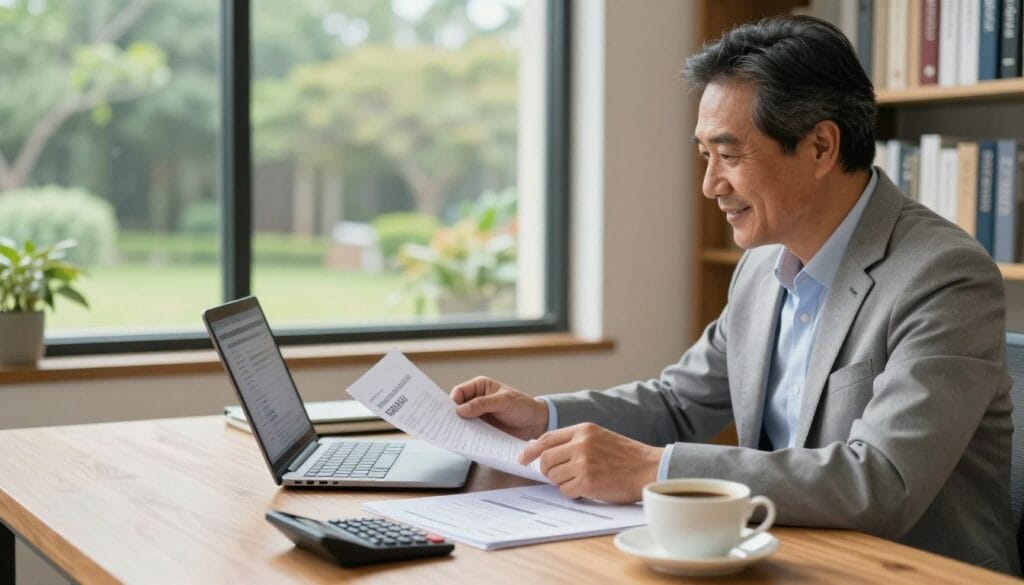 A serene office setting focused on retirement planning strategies, featuring a close-up of a wooden desk with financial documents, a calculator, and a cup of coffee. In the foreground, a middle-aged professional man in business attire is analyzing spreadsheets on a laptop, showcasing a look of concentration and optimism. The middle ground shows a large window with a view of a peaceful garden, symbolizing future tranquility and freedom. Soft, natural lighting filters through the window, creating an inviting atmosphere. In the background, shelves filled with books on finance and investments line the wall, emphasizing knowledge and preparation. The overall mood conveys a sense of confidence, hope, and the promise of financial freedom in retirement. A serene office setting focused on retirement planning strategies, featuring a close-up of a wooden desk with financial documents, a calculator, and a cup of coffee. In the foreground, a middle-aged professional man in business attire is analyzing spreadsheets on a laptop, showcasing a look of concentration and optimism. The middle ground shows a large window with a view of a peaceful garden, symbolizing future tranquility and freedom. Soft, natural lighting filters through the window, creating an inviting atmosphere. In the background, shelves filled with books on finance and investments line the wall, emphasizing knowledge and preparation. The overall mood conveys a sense of confidence, hope, and the promise of financial freedom in retirement.