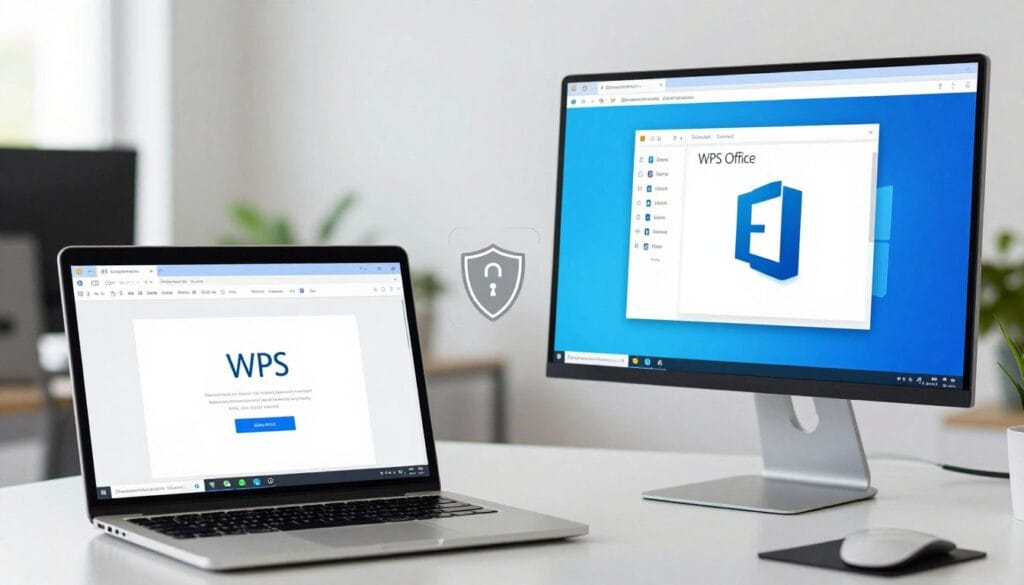 A side-by-side comparison diagram featuring two computer screens displaying the interfaces of WPS Office and Microsoft Office. In the foreground, a sleek, modern office desk with a professional laptop on one side showing WPS Office, featuring a clean and user-friendly design. On the opposing side, a desktop monitor displaying Microsoft Office with its familiar layout. The middle ground contains a subtle representation of security icons, such as locks and shields, symbolizing privacy and protection, connecting both office suites. The background should be subtly blurred, suggesting an office environment with soft, natural lighting to create a calm, professional atmosphere. The overall mood conveys confidence in data security and user privacy, using a cool color palette with blues and greens. A side-by-side comparison diagram featuring two computer screens displaying the interfaces of WPS Office and Microsoft Office. In the foreground, a sleek, modern office desk with a professional laptop on one side showing WPS Office, featuring a clean and user-friendly design. On the opposing side, a desktop monitor displaying Microsoft Office with its familiar layout. The middle ground contains a subtle representation of security icons, such as locks and shields, symbolizing privacy and protection, connecting both office suites. The background should be subtly blurred, suggesting an office environment with soft, natural lighting to create a calm, professional atmosphere. The overall mood conveys confidence in data security and user privacy, using a cool color palette with blues and greens.