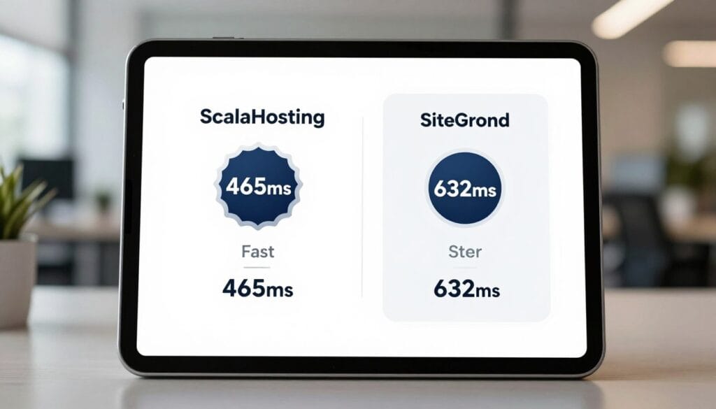 A side-by-side technical comparison chart on a modern tablet screen, showing ScalaHosting with a fast 465ms speed badge and SiteGround with a slower 632ms badge, professional office background with soft bokeh lighting. A side-by-side technical comparison chart on a modern tablet screen, showing ScalaHosting with a fast 465ms speed badge and SiteGround with a slower 632ms badge, professional office background with soft bokeh lighting.