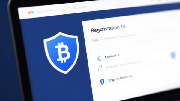 A sleek digital interface showing a secure cryptocurrency exchange registration page with a shield icon, clean blue and white aesthetic, high-tech professional style.