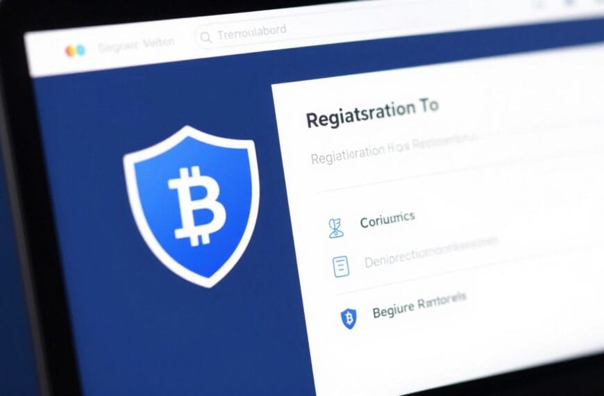 A sleek digital interface showing a secure cryptocurrency exchange registration page with a shield icon, clean blue and white aesthetic, high-tech professional style.