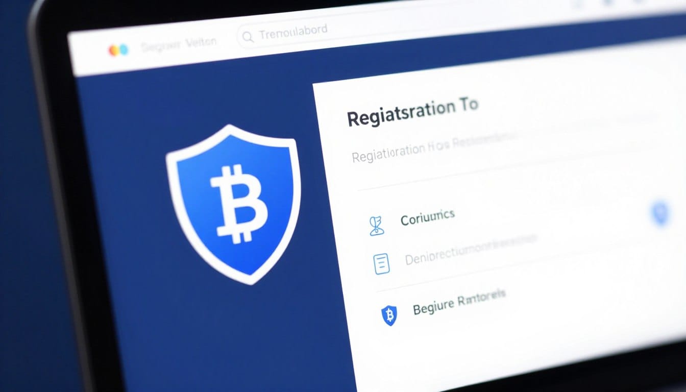 A sleek digital interface showing a secure cryptocurrency exchange registration page with a shield icon, clean blue and white aesthetic, high-tech professional style.