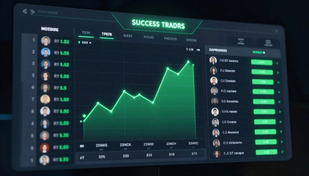 A sleek, futuristic digital dashboard showing a leaderboard of successful traders with glowing green profit graphs and professional profile icons, high-tech interface style. A sleek, futuristic digital dashboard showing a leaderboard of successful traders with glowing green profit graphs and professional profile icons, high-tech interface style.
