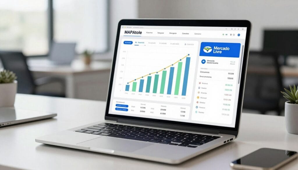 A sleek laptop screen displaying AI-powered e-commerce analytics, colorful growth charts, and competitor data for Mercado Livre sellers, modern office setting, bright lighting. A sleek laptop screen displaying AI-powered e-commerce analytics, colorful growth charts, and competitor data for Mercado Livre sellers, modern office setting, bright lighting.