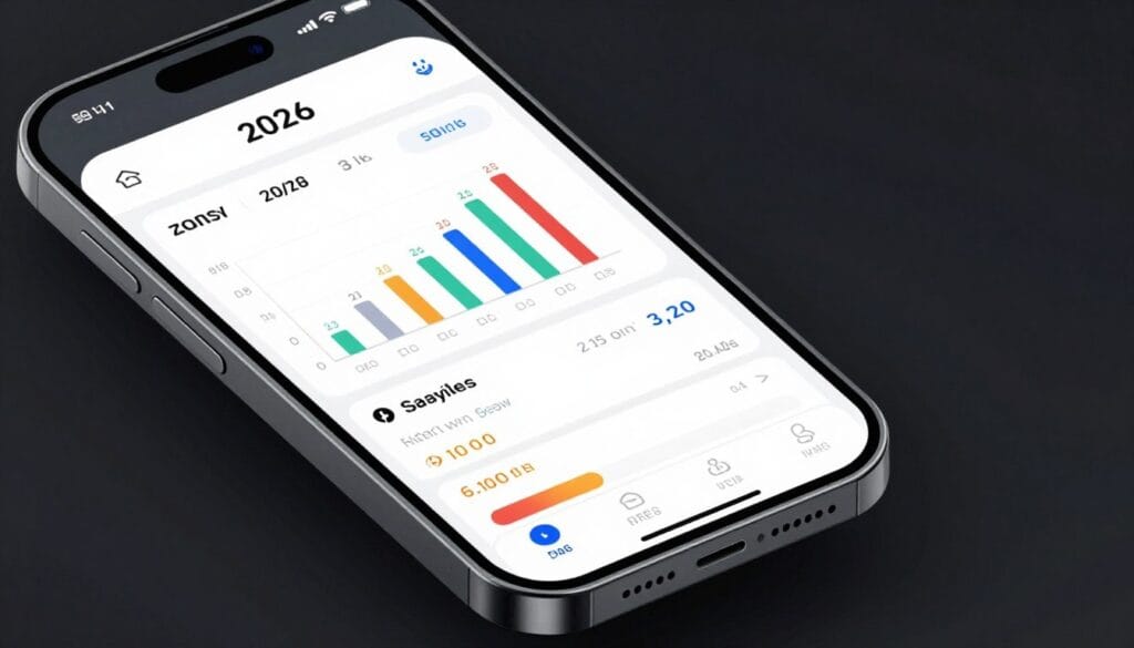 A sleek mobile app interface for 2026 showing a detailed financial dashboard with colorful spending charts, net worth tracking, and savings progress bars on a high-end smartphone. A sleek mobile app interface for 2026 showing a detailed financial dashboard with colorful spending charts, net worth tracking, and savings progress bars on a high-end smartphone.