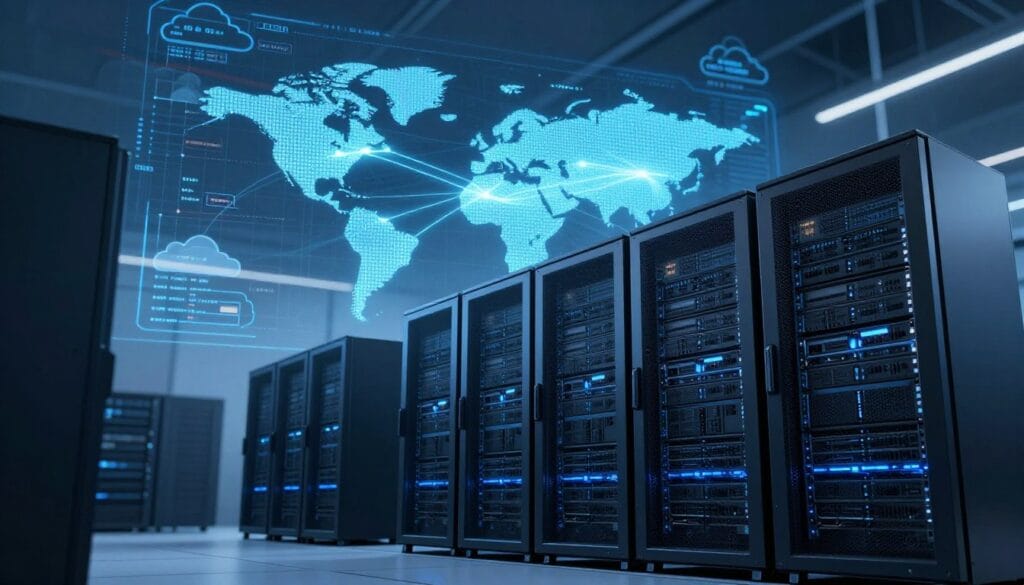 A sleek, modern data center showcasing multiple server racks in the foreground, illuminated by soft blue lighting that emphasizes their high-tech design. In the middle, a digital map displays various global server locations, interconnected by glowing lines symbolizing fast hosting performance. The background features abstract representations of cloud computing and data flow, blended with visual elements representing speed, security, and efficiency. The atmosphere is professional and tech-savvy, with a slight futuristic flair. Capture the image from a low angle to emphasize the scale of the servers while enhancing the dynamic composition, creating an overall feeling of innovation and reliability in hosting services. A sleek, modern data center showcasing multiple server racks in the foreground, illuminated by soft blue lighting that emphasizes their high-tech design. In the middle, a digital map displays various global server locations, interconnected by glowing lines symbolizing fast hosting performance. The background features abstract representations of cloud computing and data flow, blended with visual elements representing speed, security, and efficiency. The atmosphere is professional and tech-savvy, with a slight futuristic flair. Capture the image from a low angle to emphasize the scale of the servers while enhancing the dynamic composition, creating an overall feeling of innovation and reliability in hosting services.