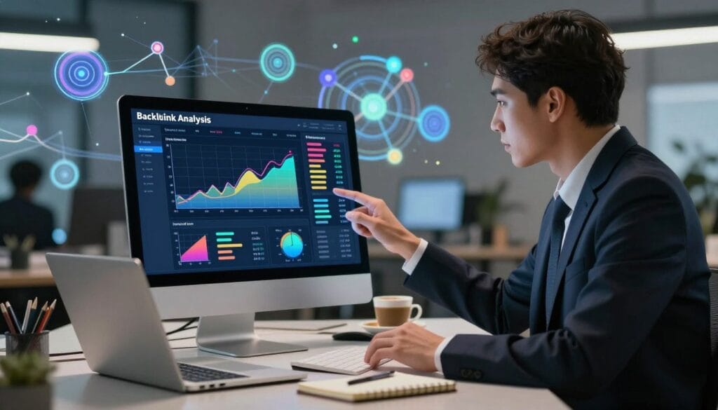 A sleek, modern digital workspace showcasing a high-tech backlink analysis tool on a computer screen, displaying detailed graphs, tables, and colorful data visualizations. In the foreground, there is a well-organized desk with a laptop, notepad, and a cup of coffee, exuding professionalism. The middle ground features a business professional, dressed in smart attire, intently analyzing the screen, surrounded by soft, ambient lighting that enhances the serious yet engaging atmosphere. In the background, abstract digital elements float, representing complex algorithms and connections of backlinks, all in a vibrant, tech-inspired color palette. The overall mood conveys focus and innovation in the realm of SEO and link building.