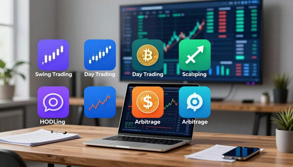 A sleek, modern digital workspace showcasing five popular cryptocurrency trading strategies visually represented as colorful, distinct icons. In the foreground, a polished wooden desk with a high-tech laptop displaying price charts and analytics, surrounded by trading documents and a smartphone. In the middle, vibrant visual representations of trading strategies such as Swing Trading, Day Trading, Scalping, HODLing, and Arbitrage, each illustrated with relevant symbols like candlestick graphs and dollar signs. The background features a large screen showing real-time cryptocurrency market data, illuminated with cool blue and green tones, creating a professional and futuristic atmosphere. Soft, diffused lighting highlights the workspace, adding a sense of calm and focus. A slight depth of field effect blurs the background, drawing attention to the trading strategies in the foreground. A sleek, modern digital workspace showcasing five popular cryptocurrency trading strategies visually represented as colorful, distinct icons. In the foreground, a polished wooden desk with a high-tech laptop displaying price charts and analytics, surrounded by trading documents and a smartphone. In the middle, vibrant visual representations of trading strategies such as Swing Trading, Day Trading, Scalping, HODLing, and Arbitrage, each illustrated with relevant symbols like candlestick graphs and dollar signs. The background features a large screen showing real-time cryptocurrency market data, illuminated with cool blue and green tones, creating a professional and futuristic atmosphere. Soft, diffused lighting highlights the workspace, adding a sense of calm and focus. A slight depth of field effect blurs the background, drawing attention to the trading strategies in the foreground.