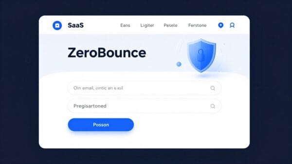 A sleek, modern registration page for a SaaS company named ZeroBounce, featuring a clean white interface with blue accents, showing a simple form for email and password, with a high-tech security shield icon in the background, professional digital art style.