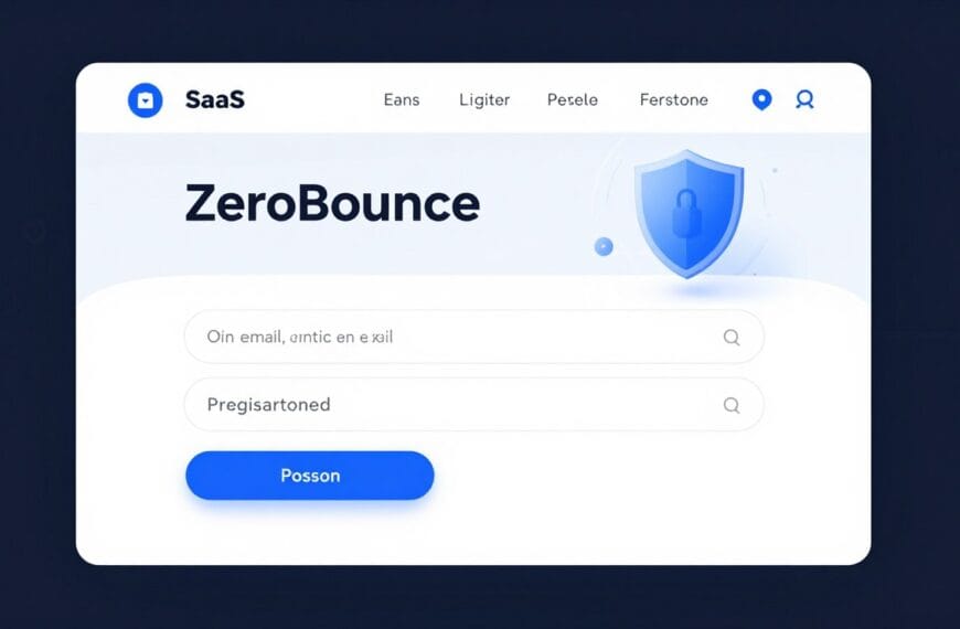 A sleek, modern registration page for a SaaS company named ZeroBounce, featuring a clean white interface with blue accents, showing a simple form for email and password, with a high-tech security shield icon in the background, professional digital art style.