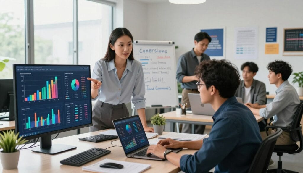 A sleek modern workspace scene showcasing a diverse group of professionals analyzing performance metrics on digital devices. In the foreground, a confident woman in professional attire points at a large screen displaying colorful graphs and conversion rates, while a focused man reviews data on his laptop. The middle layer features a whiteboard filled with strategic notes about optimizing conversions, surrounded by other team members engaged in discussion. In the background, soft natural light filters through large windows, creating an inspiring and energetic atmosphere. The room is tastefully decorated with plants and motivational posters, suggesting a productive and collaborative environment. The overall mood is dynamic and thoughtful, emphasizing teamwork and data-driven decision-making. A sleek modern workspace scene showcasing a diverse group of professionals analyzing performance metrics on digital devices. In the foreground, a confident woman in professional attire points at a large screen displaying colorful graphs and conversion rates, while a focused man reviews data on his laptop. The middle layer features a whiteboard filled with strategic notes about optimizing conversions, surrounded by other team members engaged in discussion. In the background, soft natural light filters through large windows, creating an inspiring and energetic atmosphere. The room is tastefully decorated with plants and motivational posters, suggesting a productive and collaborative environment. The overall mood is dynamic and thoughtful, emphasizing teamwork and data-driven decision-making.