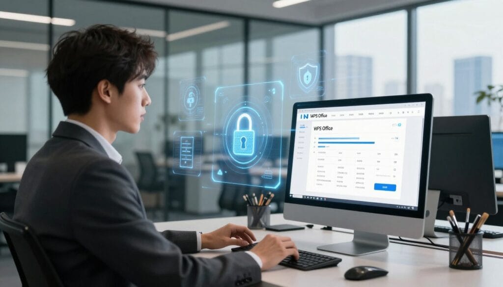 A sleek office setting designed for digital security, featuring a modern workspace with a computer displaying the WPS Office interface on the screen. In the foreground, a confident professional in business attire is actively discussing data protection features, gesturing towards a digital lock icon. The middle ground showcases visual representations of security features, such as encryption symbols, firewalls, and privacy shields, illustrated on floating translucent panels. The background has a contemporary office design with glass walls and a city skyline visible through the windows, bathed in soft natural light filtering in, creating a secure and innovative atmosphere. The mood is focused and professional, emphasizing the importance of security and privacy in office productivity software. A sleek office setting designed for digital security, featuring a modern workspace with a computer displaying the WPS Office interface on the screen. In the foreground, a confident professional in business attire is actively discussing data protection features, gesturing towards a digital lock icon. The middle ground showcases visual representations of security features, such as encryption symbols, firewalls, and privacy shields, illustrated on floating translucent panels. The background has a contemporary office design with glass walls and a city skyline visible through the windows, bathed in soft natural light filtering in, creating a secure and innovative atmosphere. The mood is focused and professional, emphasizing the importance of security and privacy in office productivity software.