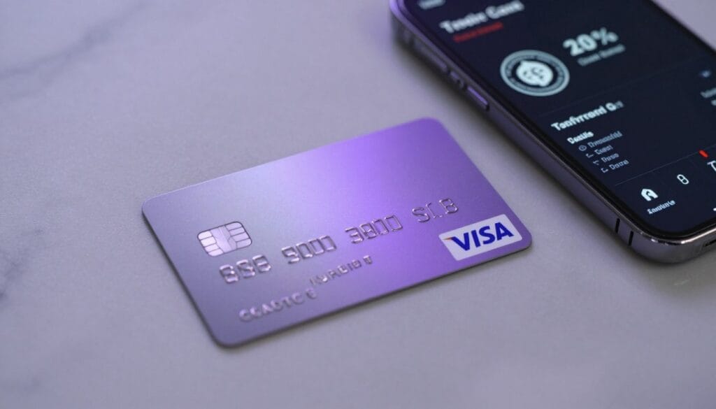 A sleek, premium metal Visa credit card with a minimalist design, glowing with a subtle purple hue, placed on a marble surface next to a smartphone showing a high-tech crypto trading app interface.