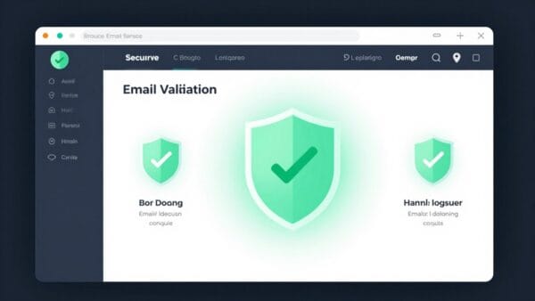 A sleek, professional digital interface showing a secure email validation dashboard with glowing shields and green checkmarks, representing a high-tech software service.