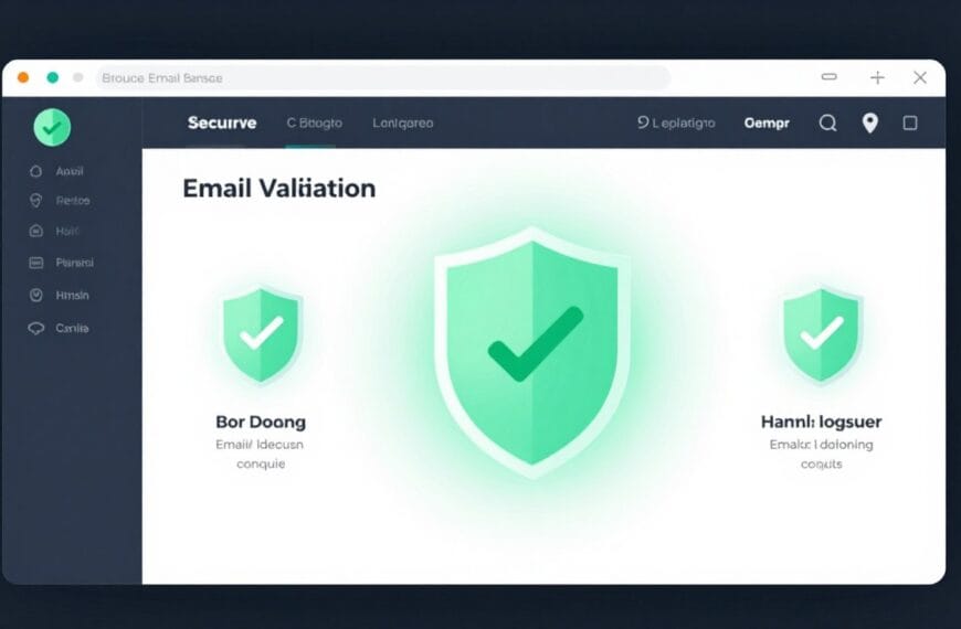 A sleek, professional digital interface showing a secure email validation dashboard with glowing shields and green checkmarks, representing a high-tech software service.