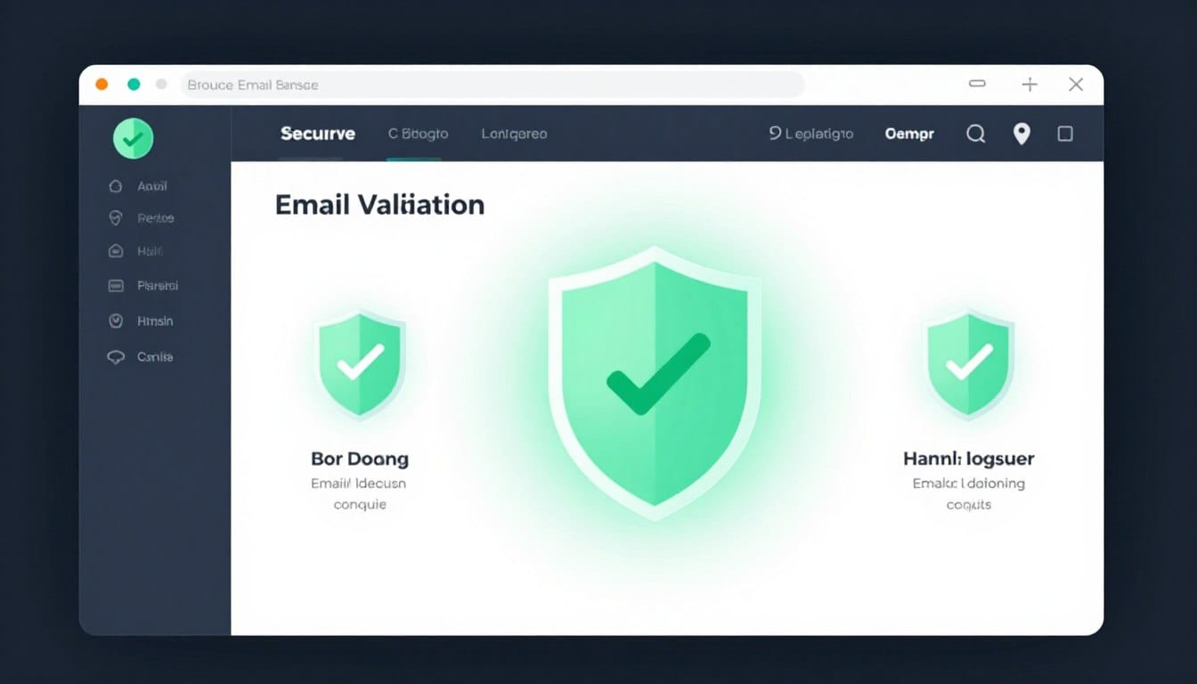 A sleek, professional digital interface showing a secure email validation dashboard with glowing shields and green checkmarks, representing a high-tech software service.