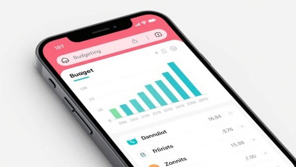 A smartphone displaying a colorful and modern budgeting app interface with graphs and spending categories, close-up shot.