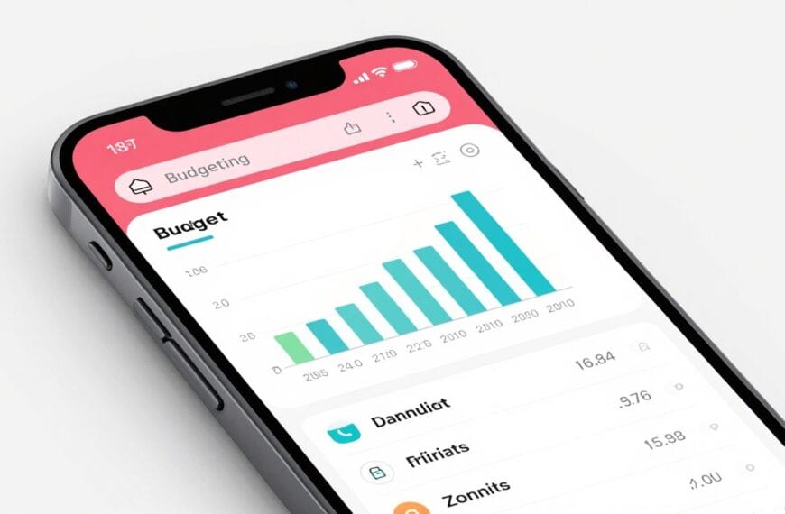 A smartphone displaying a colorful and modern budgeting app interface with graphs and spending categories, close-up shot.