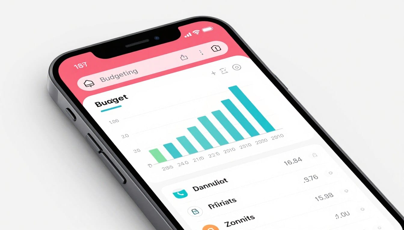 A smartphone displaying a colorful and modern budgeting app interface with graphs and spending categories, close-up shot.