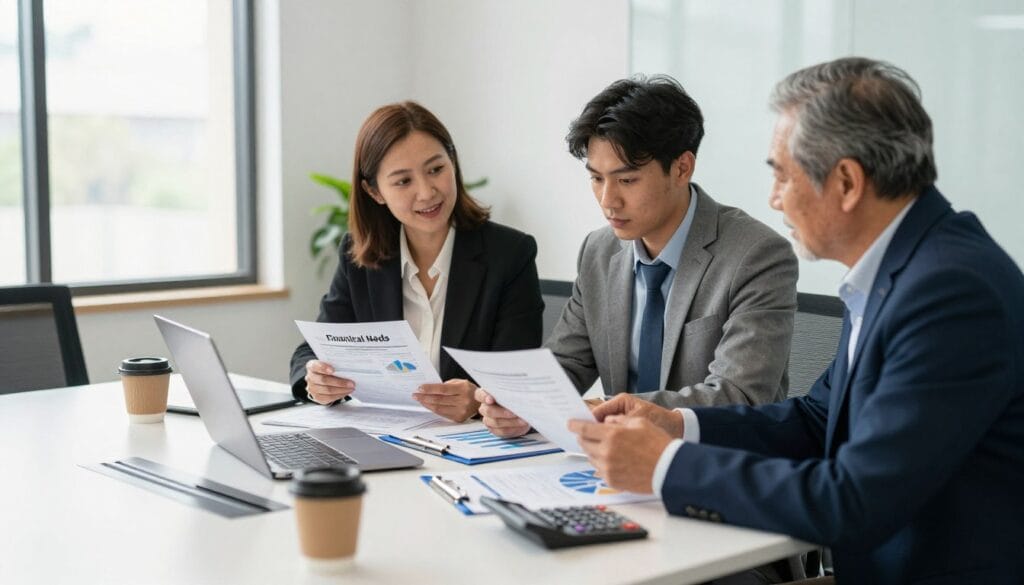 A thoughtfully arranged office setting with a diverse group of three professionals, a middle-aged woman, a young man, and an older gentleman. They are seated around a modern conference table, reviewing financial documents and charts on a laptop, illustrating the process of diagnosing financial needs for a small business loan. The foreground features a well-organized table with business papers, a calculator, and coffee cups. In the middle ground, the trio appears engaged in discussion, dressed in professional business attire, showcasing their focus and determination. The background includes a large window with natural light flooding the room, casting soft shadows and creating a productive atmosphere. The mood is collaborative and optimistic, emphasizing the importance of strategic planning in funding acquisition. A thoughtfully arranged office setting with a diverse group of three professionals, a middle-aged woman, a young man, and an older gentleman. They are seated around a modern conference table, reviewing financial documents and charts on a laptop, illustrating the process of diagnosing financial needs for a small business loan. The foreground features a well-organized table with business papers, a calculator, and coffee cups. In the middle ground, the trio appears engaged in discussion, dressed in professional business attire, showcasing their focus and determination. The background includes a large window with natural light flooding the room, casting soft shadows and creating a productive atmosphere. The mood is collaborative and optimistic, emphasizing the importance of strategic planning in funding acquisition.
