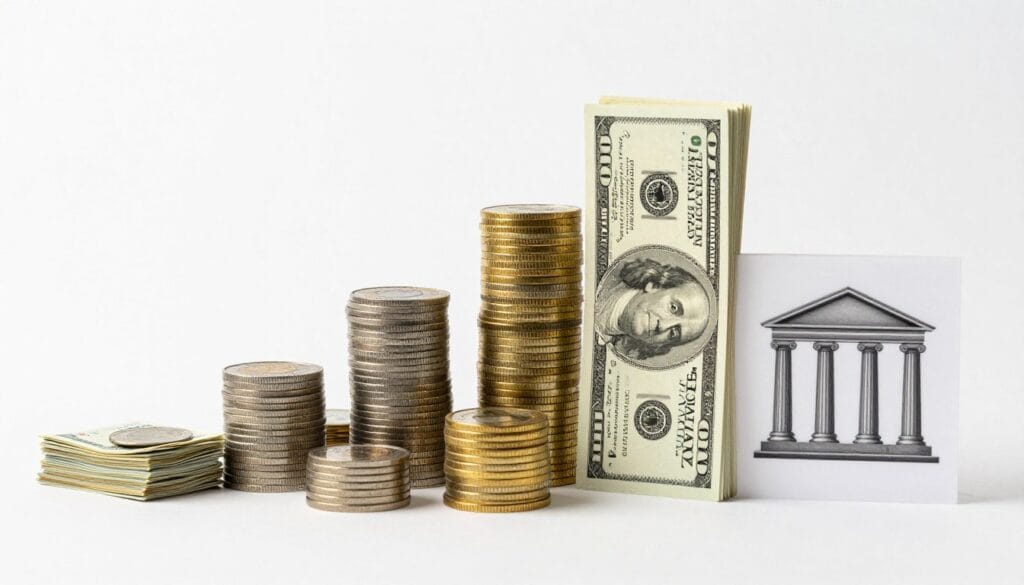 A variety of different sized money stacks and a bank logo, representing flexibility in loan choices.