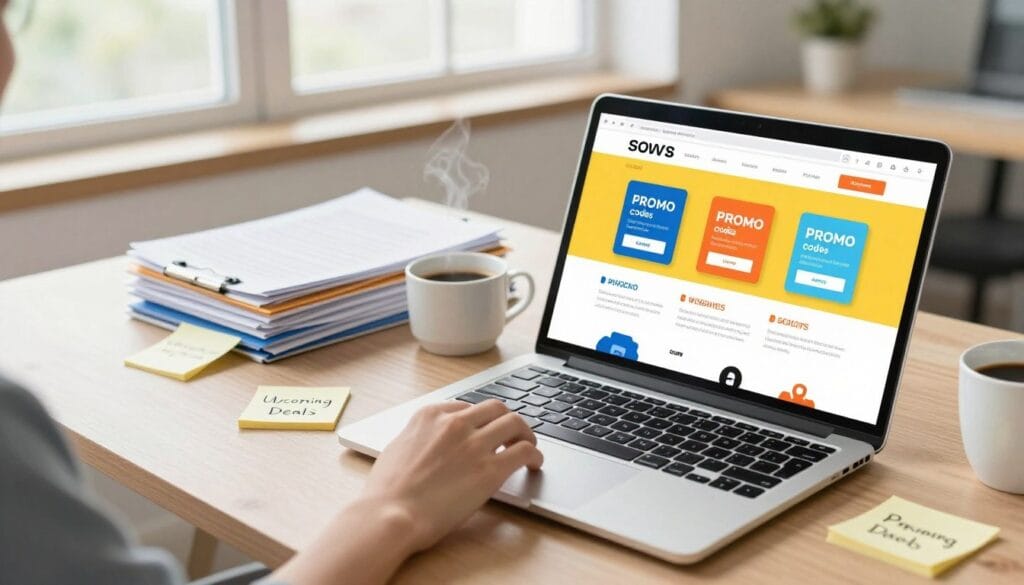 A vibrant and engaging digital workspace set in a clean, modern office environment. In the foreground, a sleek laptop displays a colorful webpage showcasing various promo codes prominently, with a hand reaching toward the keyboard as if to redeem one. Scattered around are sticky notes with handwritten reminders about upcoming deals. In the middle ground, there are neatly organized files and a steaming cup of coffee, suggesting productivity and focus. The background features large windows allowing soft, natural light to fill the room, creating a warm atmosphere. The camera angle is slightly above eye level, providing a clear view of the desk while maintaining an inviting, relatable vibe. The overall mood is one of efficiency and excitement in saving, tailored for the audience seeking to maximize their promotional savings. A vibrant and engaging digital workspace set in a clean, modern office environment. In the foreground, a sleek laptop displays a colorful webpage showcasing various promo codes prominently, with a hand reaching toward the keyboard as if to redeem one. Scattered around are sticky notes with handwritten reminders about upcoming deals. In the middle ground, there are neatly organized files and a steaming cup of coffee, suggesting productivity and focus. The background features large windows allowing soft, natural light to fill the room, creating a warm atmosphere. The camera angle is slightly above eye level, providing a clear view of the desk while maintaining an inviting, relatable vibe. The overall mood is one of efficiency and excitement in saving, tailored for the audience seeking to maximize their promotional savings.