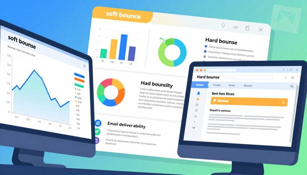 A vibrant and informative digital illustration depicting email bounce types and deliverability rates. In the foreground, a close-up view of two computer screens, one displaying a graph with bounce statistics and the other showcasing an email inbox with bounced messages highlighted. In the middle, a series of colorful charts and infographics visually explain "soft bounce" and "hard bounce" categories, alongside a checklist for email deliverability best practices. The background features a subtle gradient of blue and green, evoking a professional and tech-savvy atmosphere. The lighting is bright and clear, suggesting a sense of reliability and clarity, while the angle is slightly tilted to give a dynamic perspective on the data. The overall mood conveys a sense of understanding and mastery over email management. A vibrant and informative digital illustration depicting email bounce types and deliverability rates. In the foreground, a close-up view of two computer screens, one displaying a graph with bounce statistics and the other showcasing an email inbox with bounced messages highlighted. In the middle, a series of colorful charts and infographics visually explain "soft bounce" and "hard bounce" categories, alongside a checklist for email deliverability best practices. The background features a subtle gradient of blue and green, evoking a professional and tech-savvy atmosphere. The lighting is bright and clear, suggesting a sense of reliability and clarity, while the angle is slightly tilted to give a dynamic perspective on the data. The overall mood conveys a sense of understanding and mastery over email management.