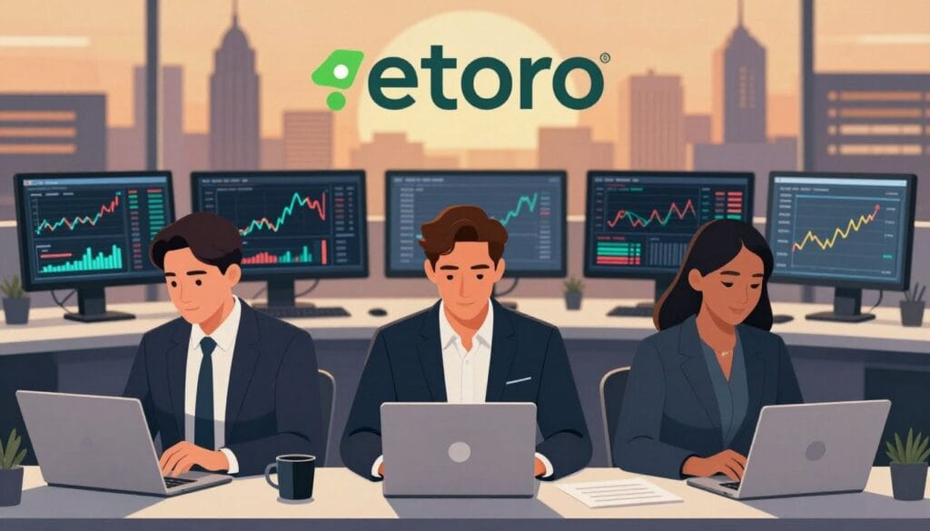 A visually engaging illustration of various investor profiles suited for eToro Copy Trading. In the foreground, three diverse individuals are depicted in professional business attire, actively engaging with digital devices like laptops and tablets, showcasing their investment strategies. The middle ground features a sleek, modern trading workspace with charts and graphs displayed on screens, representing different use cases and trading styles. In the background, a city skyline at twilight emanates a warm glow, symbolizing opportunity and growth in the investment landscape. The lighting is soft and inviting, creating a sense of professionalism and ambition. The overall mood conveys optimism and the potential for success in trading, highlighting the connection to millionaire traders and their strategies. A visually engaging illustration of various investor profiles suited for eToro Copy Trading. In the foreground, three diverse individuals are depicted in professional business attire, actively engaging with digital devices like laptops and tablets, showcasing their investment strategies. The middle ground features a sleek, modern trading workspace with charts and graphs displayed on screens, representing different use cases and trading styles. In the background, a city skyline at twilight emanates a warm glow, symbolizing opportunity and growth in the investment landscape. The lighting is soft and inviting, creating a sense of professionalism and ambition. The overall mood conveys optimism and the potential for success in trading, highlighting the connection to millionaire traders and their strategies.