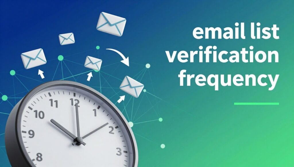 A visually engaging infographic illustrating the concept of "email list verification frequency." In the foreground, a large digital clock shows various time intervals (daily, weekly, monthly) in a sleek, modern design. In the middle ground, stylized email icons float above a vibrant, abstract network of interconnected nodes representing an email list, with arrows indicating the flow of data. The background features a subtle gradient of blue and green, symbolizing trust and growth. Soft lighting enhances the clarity of the elements, and the composition is viewed from a slight angle to give depth. The overall mood is professional and informative, promoting the importance of regular email list verification for effective communication. A visually engaging infographic illustrating the concept of "email list verification frequency." In the foreground, a large digital clock shows various time intervals (daily, weekly, monthly) in a sleek, modern design. In the middle ground, stylized email icons float above a vibrant, abstract network of interconnected nodes representing an email list, with arrows indicating the flow of data. The background features a subtle gradient of blue and green, symbolizing trust and growth. Soft lighting enhances the clarity of the elements, and the composition is viewed from a slight angle to give depth. The overall mood is professional and informative, promoting the importance of regular email list verification for effective communication.
