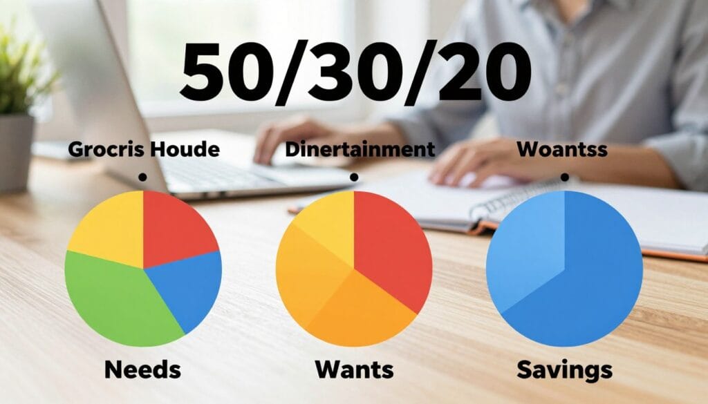 A visually engaging infographic showcasing the 50/30/20 rule for budgeting. In the foreground, display three distinct pie charts labeled "Needs," "Wants," and "Savings," each filled with vibrant colors to illustrate their respective percentages. In the middle, include examples of real-world expenses corresponding to each category, such as groceries and housing for Needs, dining out and entertainment for Wants, and savings accounts for Savings. The background should feature a soft, blurred office environment conveying productivity and financial planning. Use natural lighting to create a warm, inviting atmosphere, focusing on a slightly elevated angle to enhance depth. The overall mood should be informative yet approachable, appealing to readers looking to understand budgeting simply and effectively. A visually engaging infographic showcasing the 50/30/20 rule for budgeting. In the foreground, display three distinct pie charts labeled "Needs," "Wants," and "Savings," each filled with vibrant colors to illustrate their respective percentages. In the middle, include examples of real-world expenses corresponding to each category, such as groceries and housing for Needs, dining out and entertainment for Wants, and savings accounts for Savings. The background should feature a soft, blurred office environment conveying productivity and financial planning. Use natural lighting to create a warm, inviting atmosphere, focusing on a slightly elevated angle to enhance depth. The overall mood should be informative yet approachable, appealing to readers looking to understand budgeting simply and effectively.