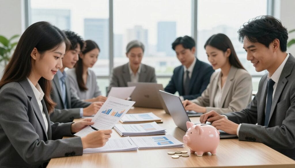 A visually engaging scene depicting the concept of starting investments with minimal funds. In the foreground, a diverse group of people in professional business attire, including a young woman reviewing financial documents and a middle-aged man analyzing data on a laptop. In the middle ground, a sleek table stacked with investment-related materials, such as brochures and a piggy bank with coins. In the background, a serene office environment with large windows showing a city skyline, allowing soft natural light to illuminate the space. The atmosphere is positive and encouraging, highlighting accessibility in investment. Use a warm color palette to create an inviting mood, shot with a slight depth of field to keep the focus on the subjects and the investment materials. A visually engaging scene depicting the concept of starting investments with minimal funds. In the foreground, a diverse group of people in professional business attire, including a young woman reviewing financial documents and a middle-aged man analyzing data on a laptop. In the middle ground, a sleek table stacked with investment-related materials, such as brochures and a piggy bank with coins. In the background, a serene office environment with large windows showing a city skyline, allowing soft natural light to illuminate the space. The atmosphere is positive and encouraging, highlighting accessibility in investment. Use a warm color palette to create an inviting mood, shot with a slight depth of field to keep the focus on the subjects and the investment materials.