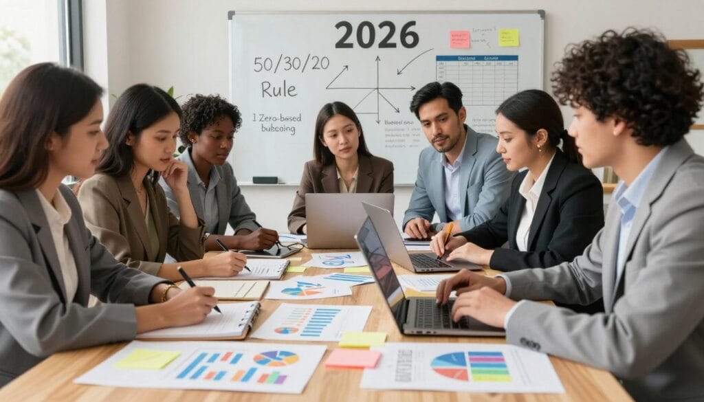 A visually engaging workspace illustrating various budgeting methods for 2026. In the foreground, an organized desk with budgeting tools: colorful charts, sticky notes, and a laptop displaying financial graphs, all bathed in warm, natural light. The middle layer features a diverse group of individuals in professional attire, actively discussing and collaborating over budgeting strategies, their expressions focused and engaged. In the background, a whiteboard filled with budgeting frameworks like the 50/30/20 rule and zero-based budgeting, accented by motivational quotes. Soft, ambient lighting creates a motivating atmosphere, while a wide-angle lens captures the dynamic interaction within the workspace, highlighting a sense of teamwork and financial empowerment. A visually engaging workspace illustrating various budgeting methods for 2026. In the foreground, an organized desk with budgeting tools: colorful charts, sticky notes, and a laptop displaying financial graphs, all bathed in warm, natural light. The middle layer features a diverse group of individuals in professional attire, actively discussing and collaborating over budgeting strategies, their expressions focused and engaged. In the background, a whiteboard filled with budgeting frameworks like the 50/30/20 rule and zero-based budgeting, accented by motivational quotes. Soft, ambient lighting creates a motivating atmosphere, while a wide-angle lens captures the dynamic interaction within the workspace, highlighting a sense of teamwork and financial empowerment.