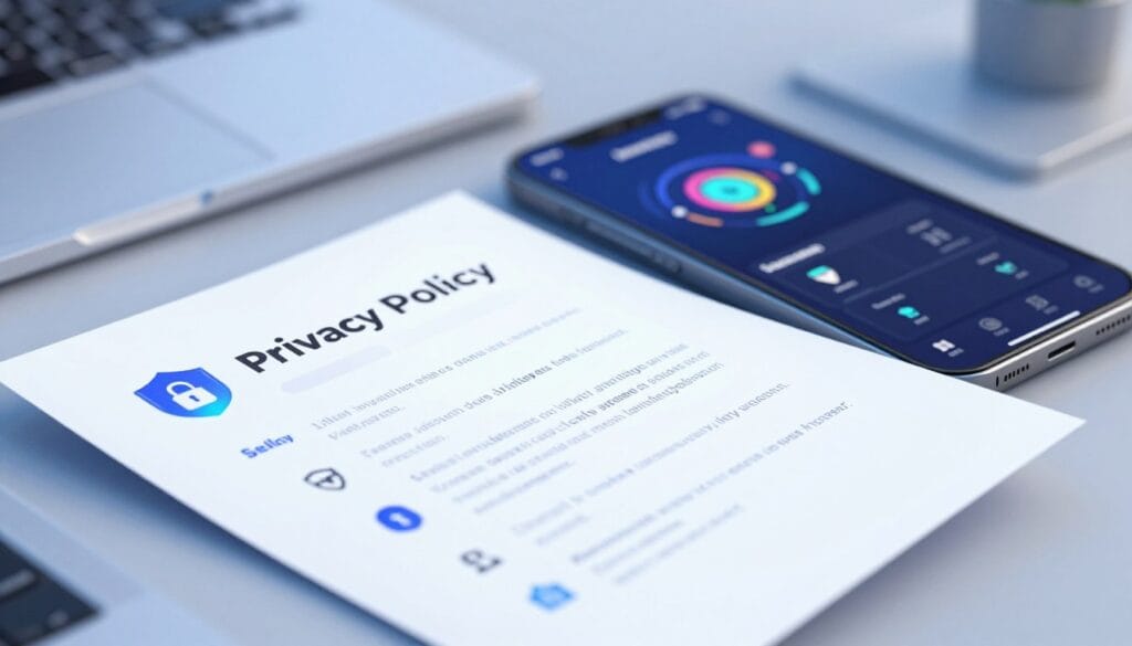 A visually striking and professional image featuring a sleek, digital representation of a privacy policy document specifically relating to a game booster app. In the foreground, a detailed graphic of the policy document with abstract icons representing data security, such as locks and shields, is prominently displayed. The middle layer has a blurred image of a modern mobile device showcasing the game booster app interface with its dynamic performance metrics. The background should be a clean, high-tech workspace with soft blue lighting, creating a sense of trust and security. Utilize a shallow depth of field to emphasize the document while keeping the overall atmosphere professional and focused on data privacy. Capture this scene from a slight angle, enhancing the three-dimensional feel.