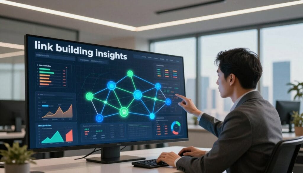 A visually striking image depicting the concept of "link building insights" in a digital marketing context. In the foreground, a professional businessperson, dressed in smart casual attire, analyzing a large, colorful digital dashboard filled with graphs and metrics related to backlinks and SEO performance. In the middle, a dynamic flow of interconnected links and nodes illustrating the concept of link building, highlighted with vibrant colors like blue and green, symbolizing data connections. In the background, a sleek modern office with soft lighting and a large window showcasing a city skyline, conveying an atmosphere of innovation and strategic thinking. The scene should evoke a sense of insight, professionalism, and technological advancement, with a warm yet focused mood. A visually striking image depicting the concept of "link building insights" in a digital marketing context. In the foreground, a professional businessperson, dressed in smart casual attire, analyzing a large, colorful digital dashboard filled with graphs and metrics related to backlinks and SEO performance. In the middle, a dynamic flow of interconnected links and nodes illustrating the concept of link building, highlighted with vibrant colors like blue and green, symbolizing data connections. In the background, a sleek modern office with soft lighting and a large window showcasing a city skyline, conveying an atmosphere of innovation and strategic thinking. The scene should evoke a sense of insight, professionalism, and technological advancement, with a warm yet focused mood.
