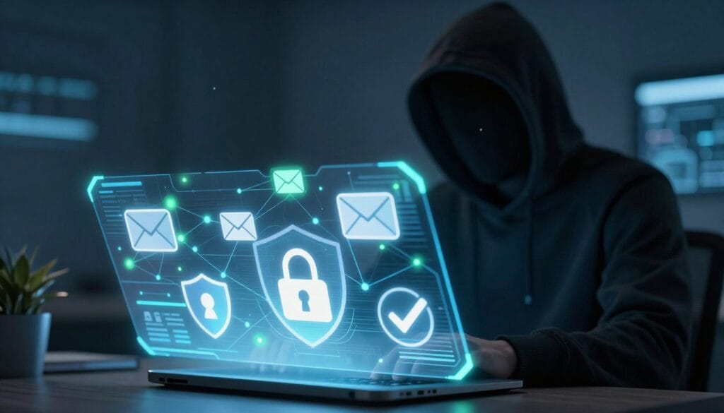 A visually striking representation of email validation security features, showcasing a futuristic digital interface. In the foreground, a sleek holographic display illustrates various security icons like shield, lock, and checkmark, symbolizing validation and protection. The middle ground features an array of glowing, interconnected nodes that represent a secure email network, pulsating with blue and green light. In the background, a shadowy silhouette of a hacker is depicted, subtly blending into the dark cyber landscape, emphasizing the threat. Soft, ambient lighting casts a cool, professional atmosphere, while a slight lens blur adds depth to the scene, creating a sense of urgency and vigilance. The overall mood conveys security, technology, and vigilance against cyber threats, perfect for illustrating essential email validation security features.