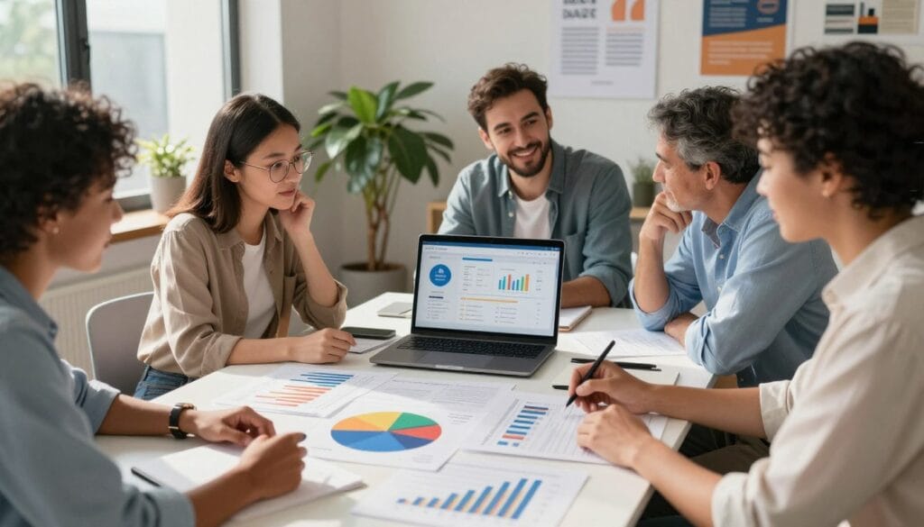 A welcoming scene depicting a diverse group of individuals, including a young woman with glasses and a middle-aged man, gathered around a table covered with financial documents and investment charts. In the foreground, they examine a colorful pie chart and bar graphs, showcasing different investment types like stocks, bonds, and real estate. In the middle, a laptop displays a user-friendly investment app. The background features a large window with natural sunlight streaming in, casting soft shadows, and a modern office environment filled with plants, books, and motivational posters. The mood is encouraging and educational, inviting beginners to explore the world of investing with $100 in 2026. The image should be bright and clear, capturing an atmosphere of collaboration and learning. A welcoming scene depicting a diverse group of individuals, including a young woman with glasses and a middle-aged man, gathered around a table covered with financial documents and investment charts. In the foreground, they examine a colorful pie chart and bar graphs, showcasing different investment types like stocks, bonds, and real estate. In the middle, a laptop displays a user-friendly investment app. The background features a large window with natural sunlight streaming in, casting soft shadows, and a modern office environment filled with plants, books, and motivational posters. The mood is encouraging and educational, inviting beginners to explore the world of investing with $100 in 2026. The image should be bright and clear, capturing an atmosphere of collaboration and learning.