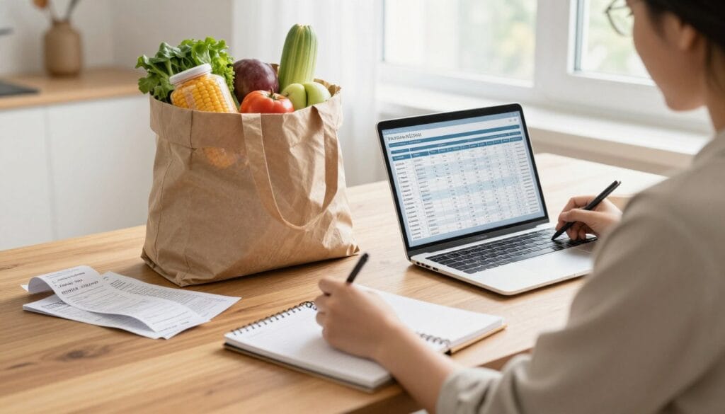 A well-organized home office scene focusing on managing household expenses and groceries. In the foreground, a person in smart casual clothing sits at a wooden desk, reviewing a budget spreadsheet on a laptop while writing on a notepad. The middle section features an open grocery bag filled with fresh produce and staple items, with receipts and bills neatly arranged beside it. In the background, a bright window lets in natural light, creating a warm and inviting atmosphere. Soft, diffused lighting enhances the sense of productivity and focus. The overall mood is one of diligence and financial responsibility, evoking a sense of control over personal finances.