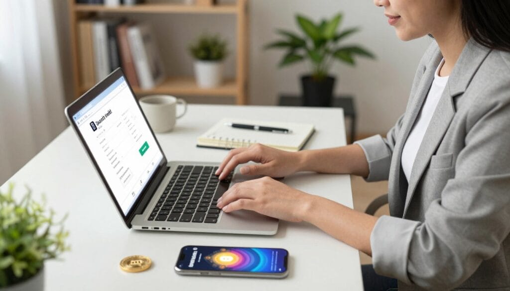 A young professional woman, dressed in smart casual attire, sits at a stylish desk with a modern laptop open. She is focused on creating a cryptocurrency account, her fingers poised over the keyboard. In the foreground, a smartphone displays a secure wallet application with vibrant graphics, symbolizing digital currency. The middle ground features various tools for secure transactions, like a notebook with notes and a stylish pen, while the background includes a well-lit room with a shelf of cryptocurrency books and plants, creating a calm and educational atmosphere. Soft, natural lighting enhances the scene, giving it a warm, inviting feel, while the camera angle captures an inviting perspective, emphasizing the act of learning and security in cryptocurrency transactions.