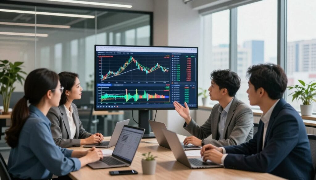 An educational scene depicting the "Step-by-Step Guide to Placing Your First Futures Trade." In the foreground, a diverse group of three professionals, a woman and two men, engaged in an animated discussion around a sleek table filled with laptops and digital trading charts. The middle layer showcases a large digital screen displaying colorful charts and graphs related to futures trading. The background features a modern office environment with glass walls, potted plants, and a city skyline visible through the windows, enhancing the atmosphere of a professional trading space. Soft, natural lighting streams in from the windows, creating a focused yet inviting atmosphere. The mood conveys ambition and collaboration, ideal for newcomers eager to learn about futures trading. An educational scene depicting the "Step-by-Step Guide to Placing Your First Futures Trade." In the foreground, a diverse group of three professionals, a woman and two men, engaged in an animated discussion around a sleek table filled with laptops and digital trading charts. The middle layer showcases a large digital screen displaying colorful charts and graphs related to futures trading. The background features a modern office environment with glass walls, potted plants, and a city skyline visible through the windows, enhancing the atmosphere of a professional trading space. Soft, natural lighting streams in from the windows, creating a focused yet inviting atmosphere. The mood conveys ambition and collaboration, ideal for newcomers eager to learn about futures trading.