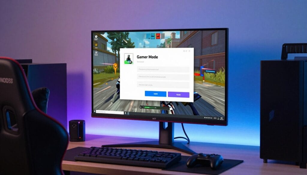 An energetic gaming setup with a monitor displaying ESET NOD32 "Gamer Mode" active, showing a notification-free screen during an intense action game. An energetic gaming setup with a monitor displaying ESET NOD32 "Gamer Mode" active, showing a notification-free screen during an intense action game.