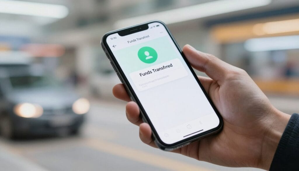 An image of a smartphone displaying a "Funds Transferred" notification with a fast-moving background symbolizing speed.