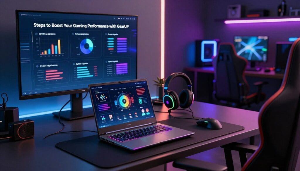 An imaginative digital workspace showcasing the "Steps to Boost Your Gaming Performance with GearUP". In the foreground, a sleek gaming laptop sits with vibrant RGB lighting, displaying various performance metrics and gaming icons on the screen. Surrounding it are high-tech accessories like a gaming mouse, headphones, and an ergonomic chair. In the middle ground, a wall-mounted display features charts and graphs highlighting optimization steps, such as system upgrades and settings adjustments. The background reveals a modern gaming room, illuminated by dynamic LED lights, creating an energetic, focused atmosphere. The scene is illuminated with soft, ambient lighting for a professional look, captured from a slightly elevated angle to emphasize the tech setup and create a dynamic composition. Overall, the mood conveys excitement and inspiration for gamers looking to enhance their experience.