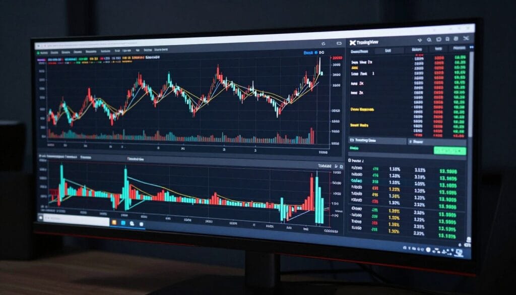 An ultra-wide monitor displaying advanced TradingView Supercharts with intricate technical indicators and the BingX logo in the corner, cinematic lighting, 4k. An ultra-wide monitor displaying advanced TradingView Supercharts with intricate technical indicators and the BingX logo in the corner, cinematic lighting, 4k.